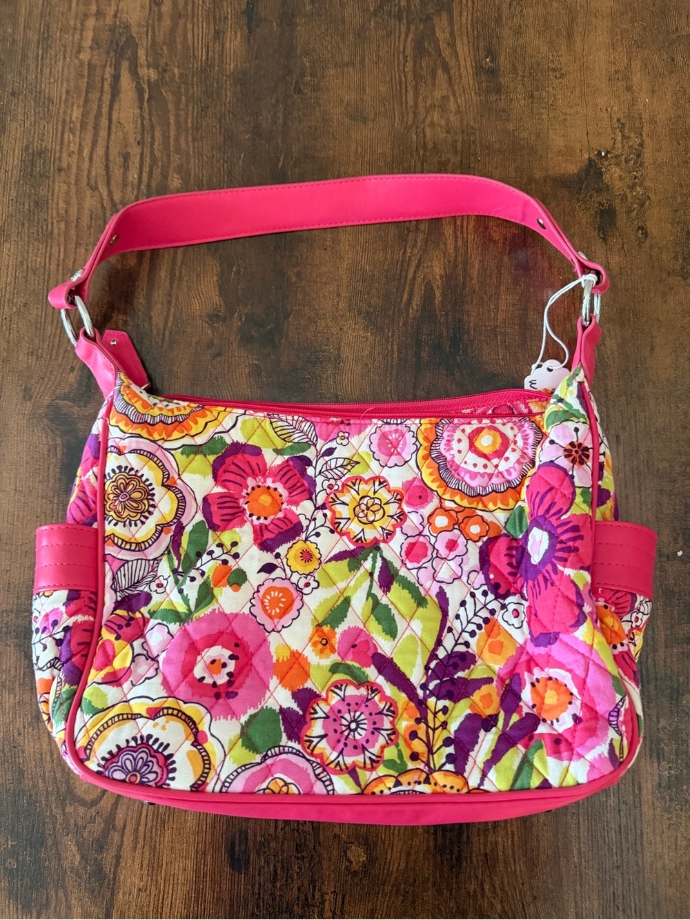 Vibrant Pink Floral Quilted Shoulder Bag Purse with Wallet - Picture 2 of 5